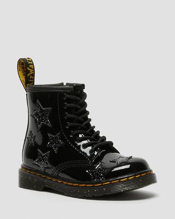 Botas con Cordones Dr Martens Toddler 1460 Glitter Star Charol Niños Negros | MX 12QMA